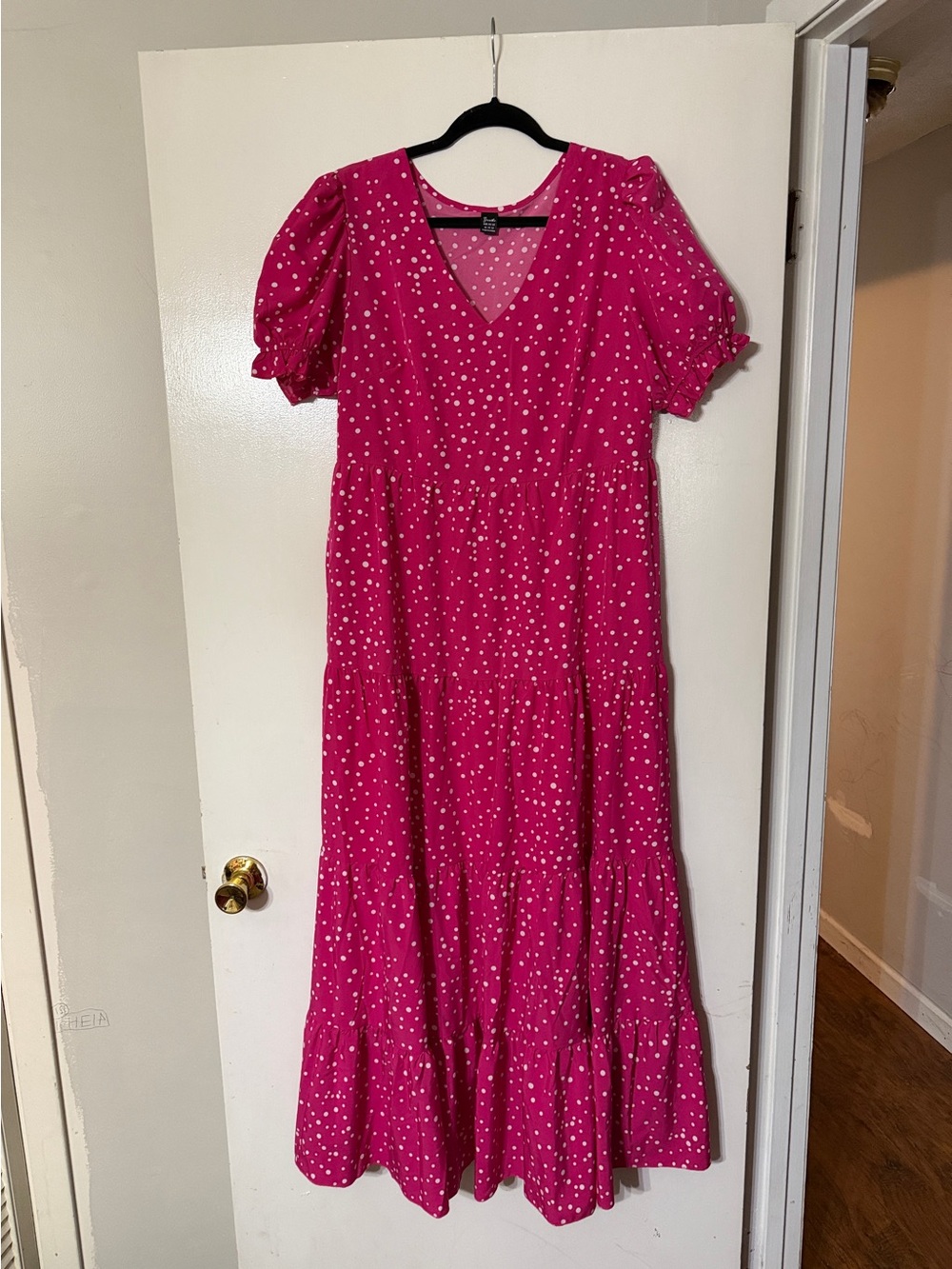 Hot Pink Polka Dot V-Neck Tiered Dress